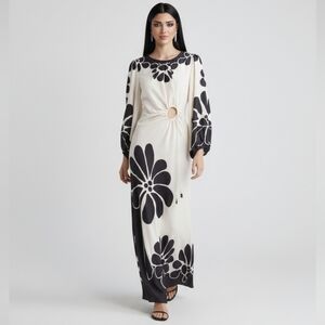 FARM Rio Palermo Cutout Long Sleeve Maxi Dress in Black/Off-White M Retro NWT